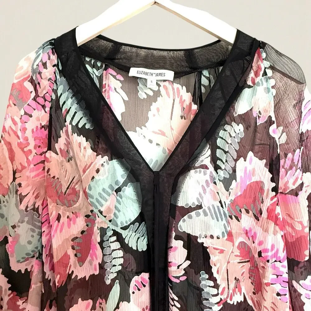 Elizabeth and James Floral Print Sheer‎ Dress S Long Sleeve Black Multi No Slip